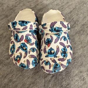 CROCS Kids White Slip-On Clogs with Blue & Purple Stitch Pattern